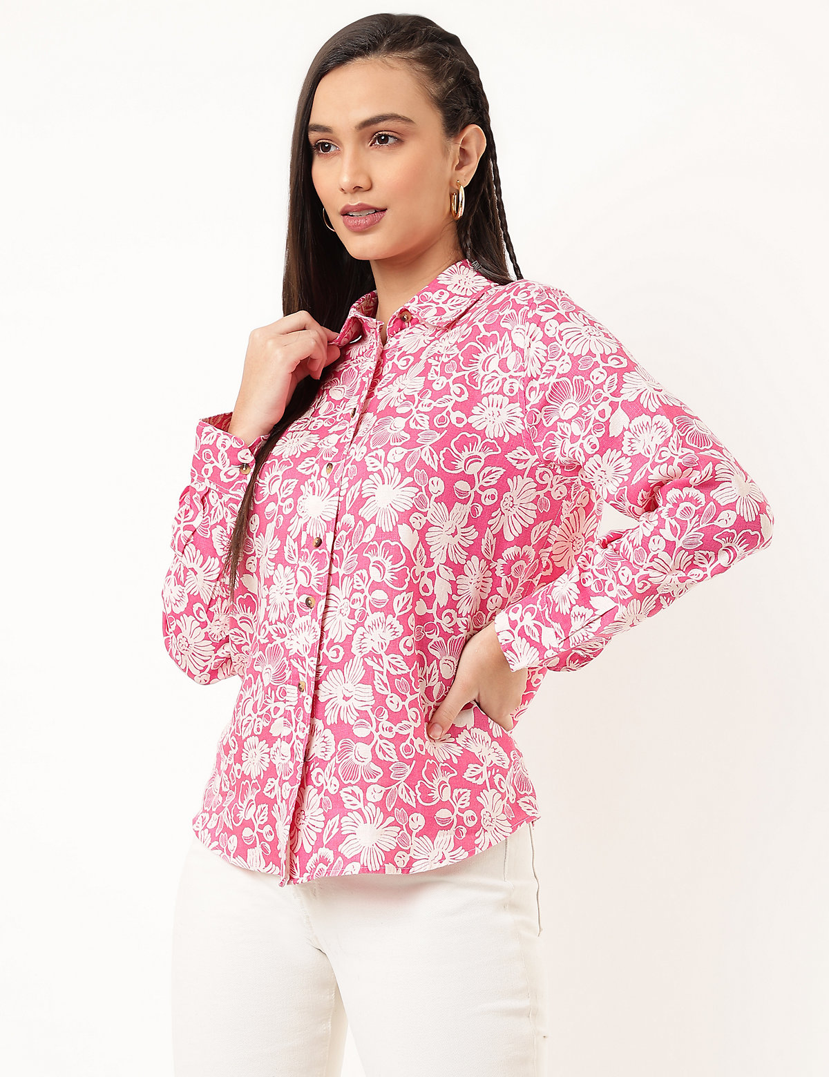 Pure Linen Floral Spread Collar Shirt