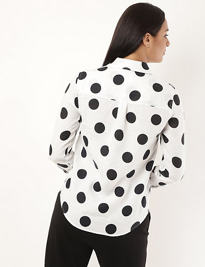 Pure Linen Polka Dot Spread Collar Shirt