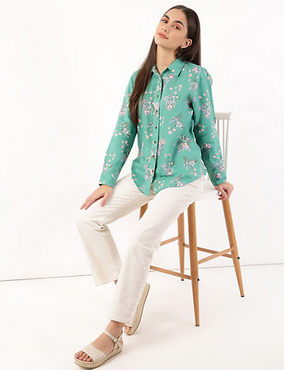 Pure Linen Floral Print Spread Collar Shirt