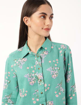 Pure Linen Floral Print Spread Collar Shirt