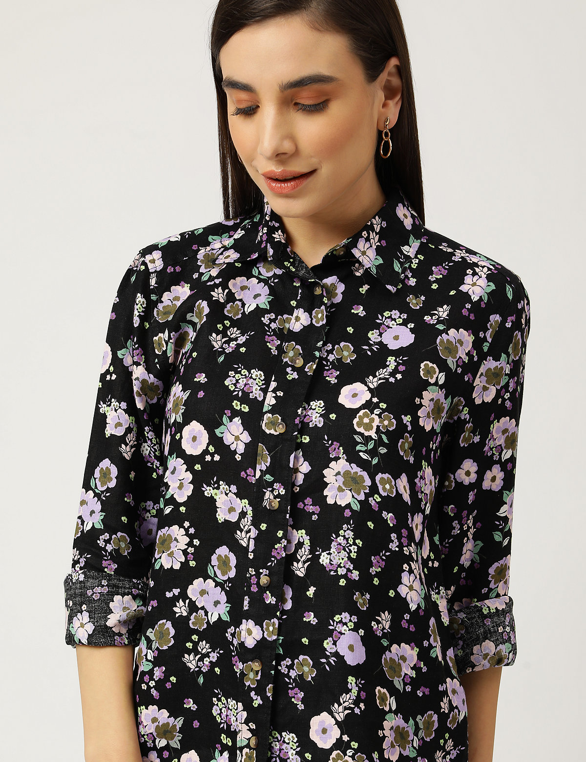 Pure Linen Floral Print Spread Collar Shirt