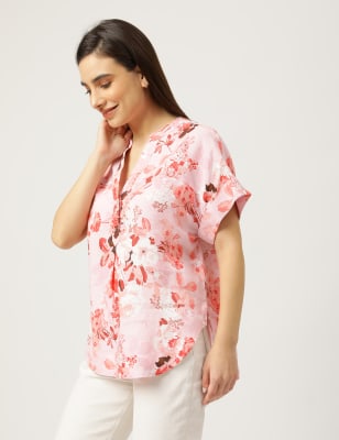 Pure Linen Floral Print VNeck Blouse