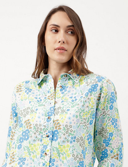 Pure Linen Floral Print Full Sleeve Shirt