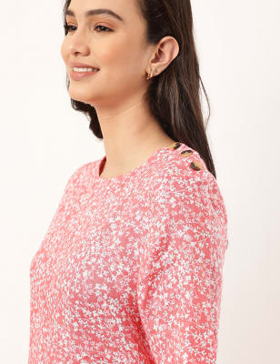 Pure Flax Floral Print Round Neck Top