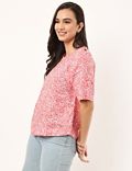 Pure Flax Floral Print Round Neck Top