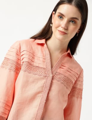 Linen Mix Lace Collar Neck Blouse