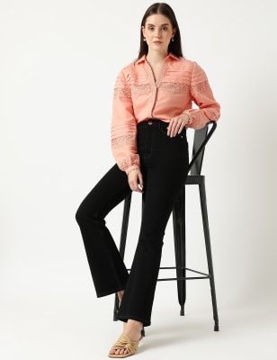 Linen Mix Lace Collar Neck Blouse