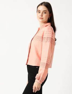 Linen Mix Lace Collar Neck Blouse