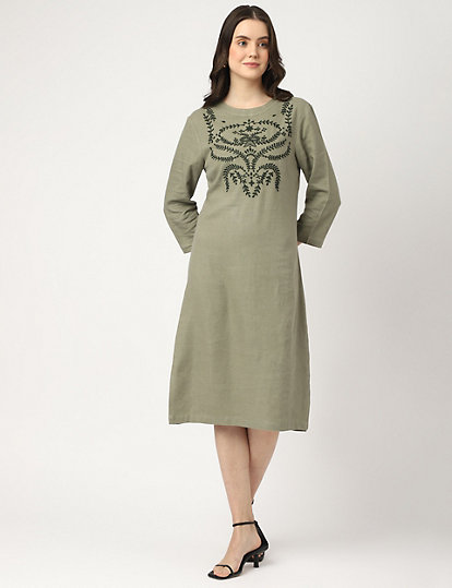 Linen Mix Embroidered Round Neck Dress