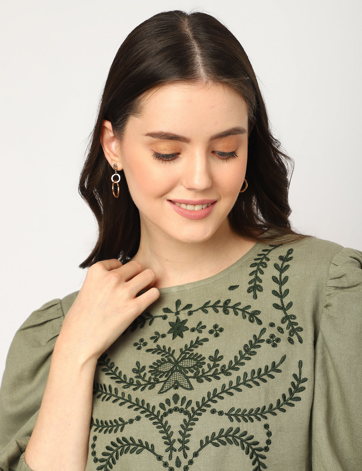 Linen Mix Embroidered Round Neck Blouse