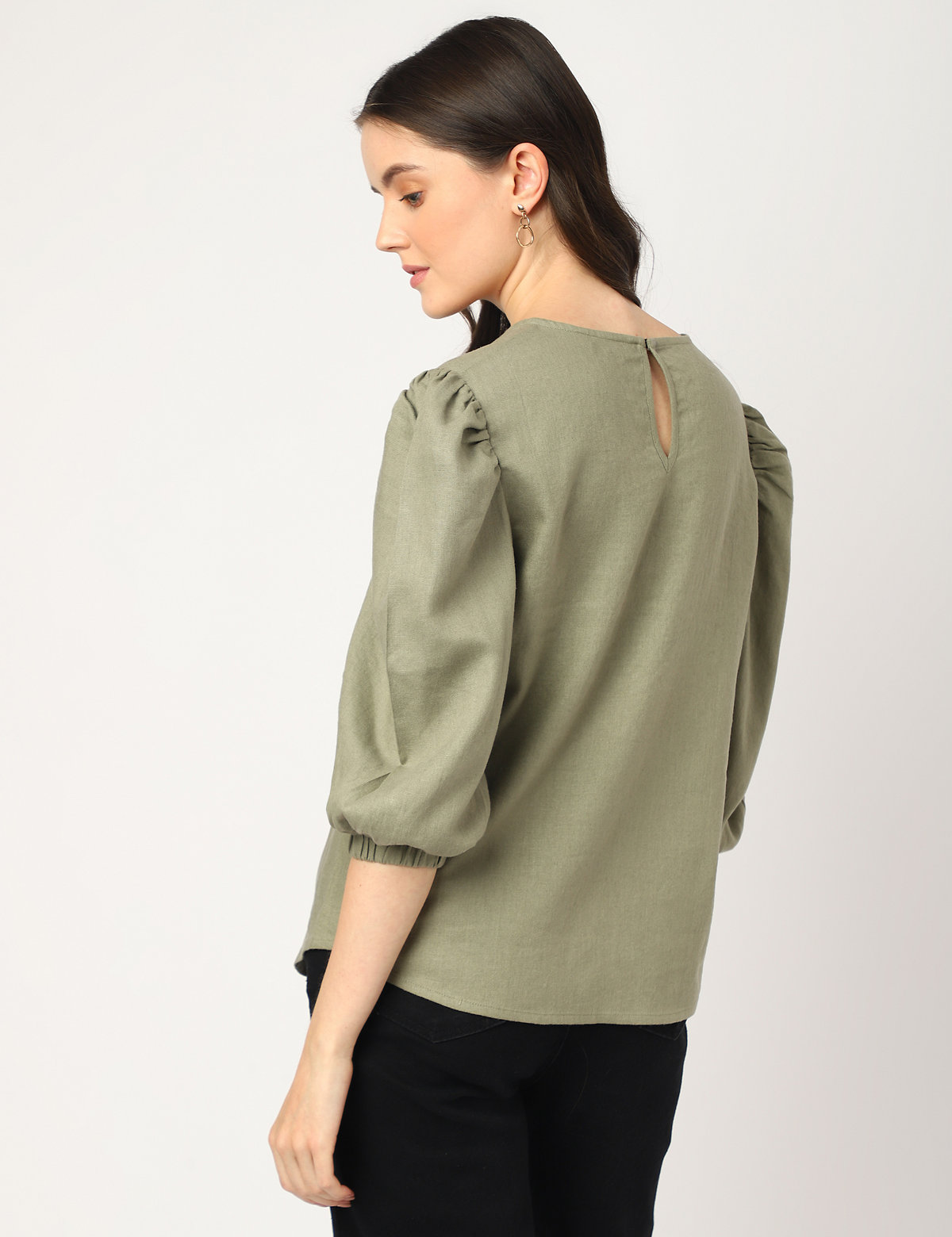 Linen Mix Embroidered Round Neck Blouse