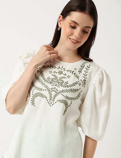 Pure Viscose Embroidered Round Neck Blouse