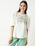Pure Viscose Embroidered Round Neck Blouse
