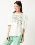 Pure Viscose Embroidered Round Neck Blouse