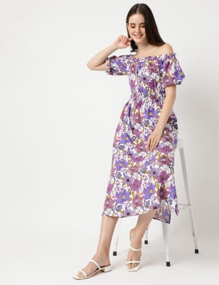 Linen Mix Floral Off Shoulder Dress