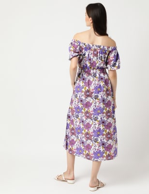 Linen Mix Floral Off Shoulder Dress