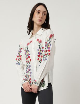 Long Sleeve Floral White Blouse Hand Embroidered in India - Classic Snowy  White