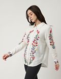 Flax Mix Embroidery Spread Collar Shirt