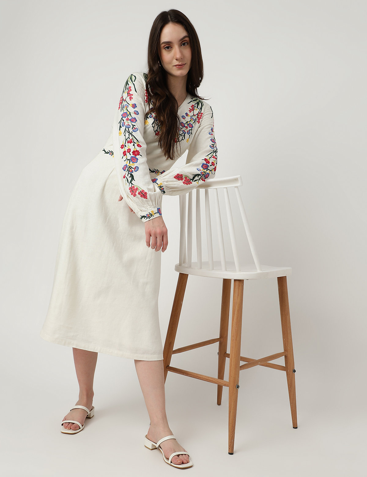 Linen Rich Floral Embroidery Midi Dress