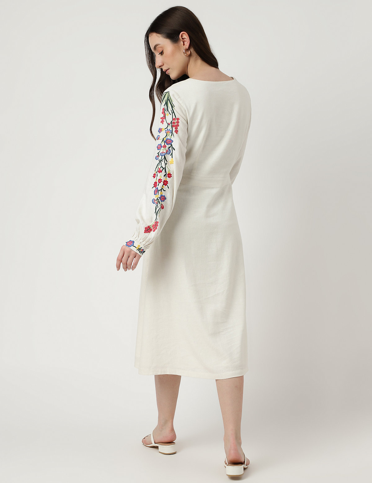 Linen Rich Floral Embroidery Midi Dress