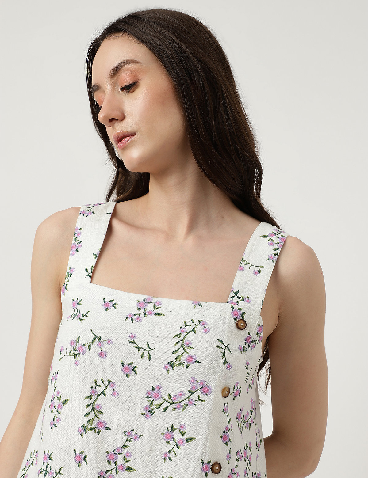 Linen Mix Printed Square Neck Top