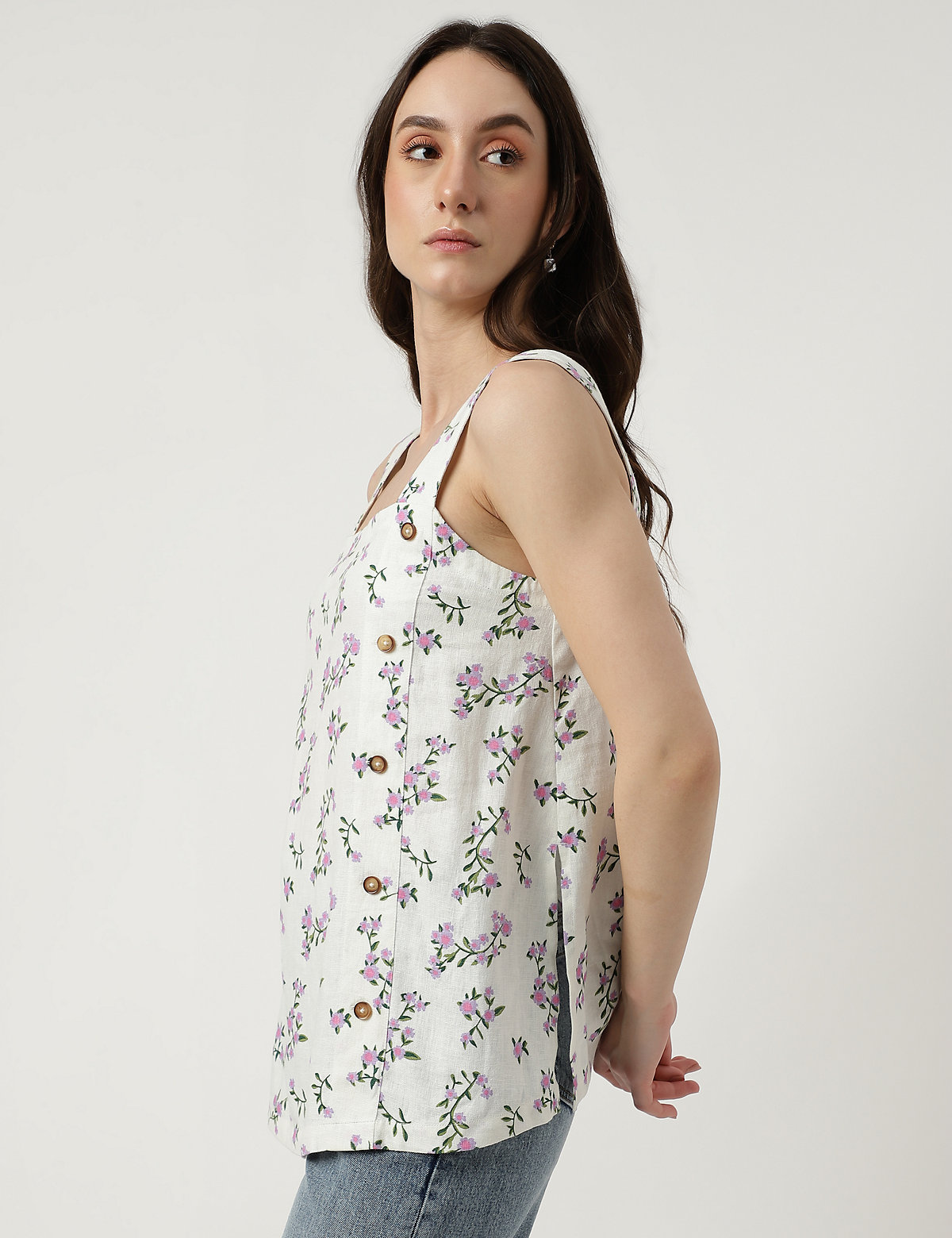 Linen Mix Printed Square Neck Top