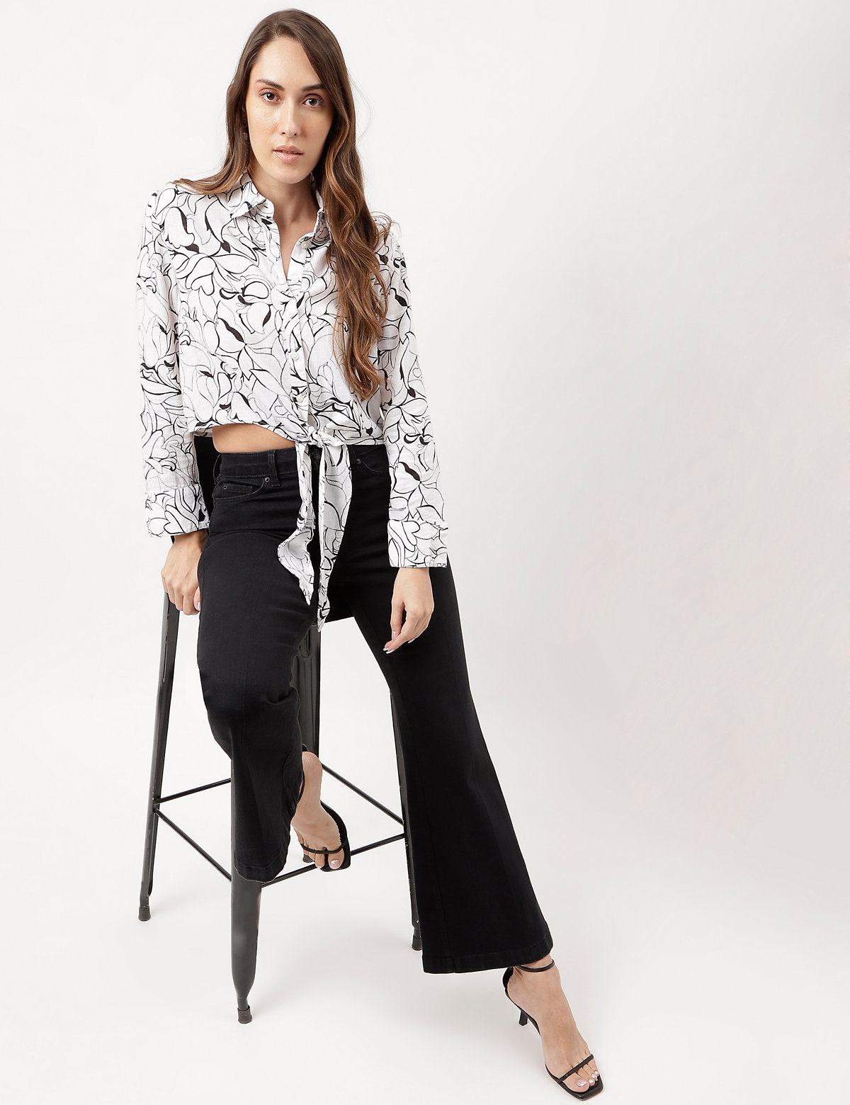 Linen Rich Floral Printed Front Knot Shirt