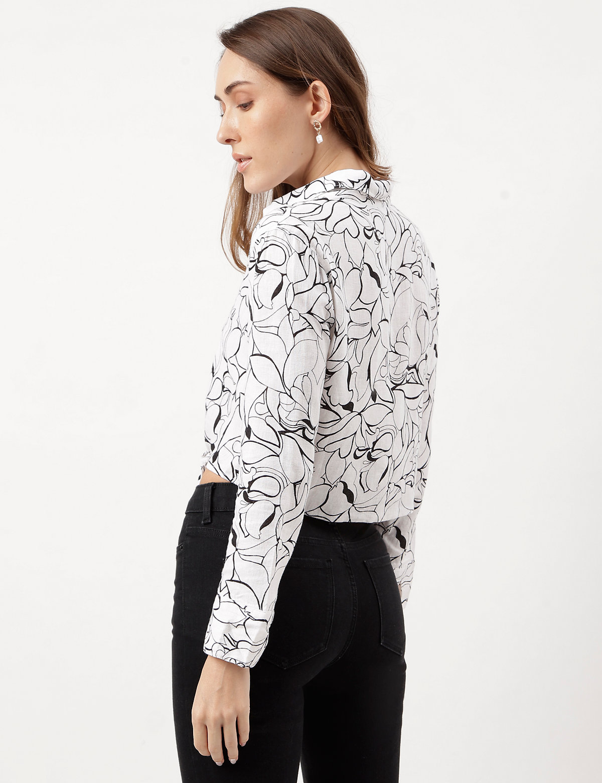 Linen Rich Floral Printed Front Knot Shirt