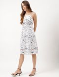 Linen Rich Floral Printed Waisted Midi Dress
