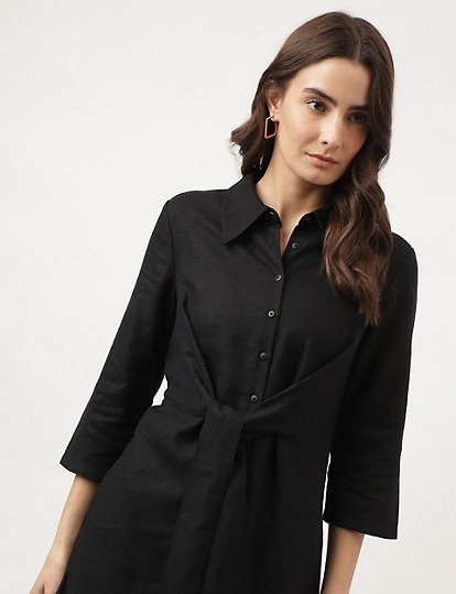 Plain Cut-way Collar Midi Shirt Dress