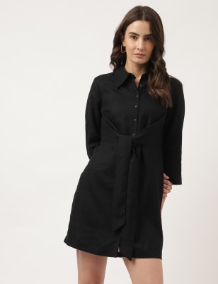 Plain Cut-way Collar Midi Shirt Dress