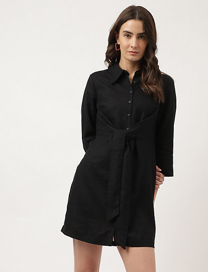 Plain Cut-way Collar Midi Shirt Dress
