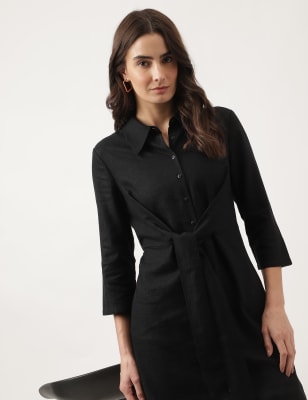 Plain Cut-way Collar Midi Shirt Dress