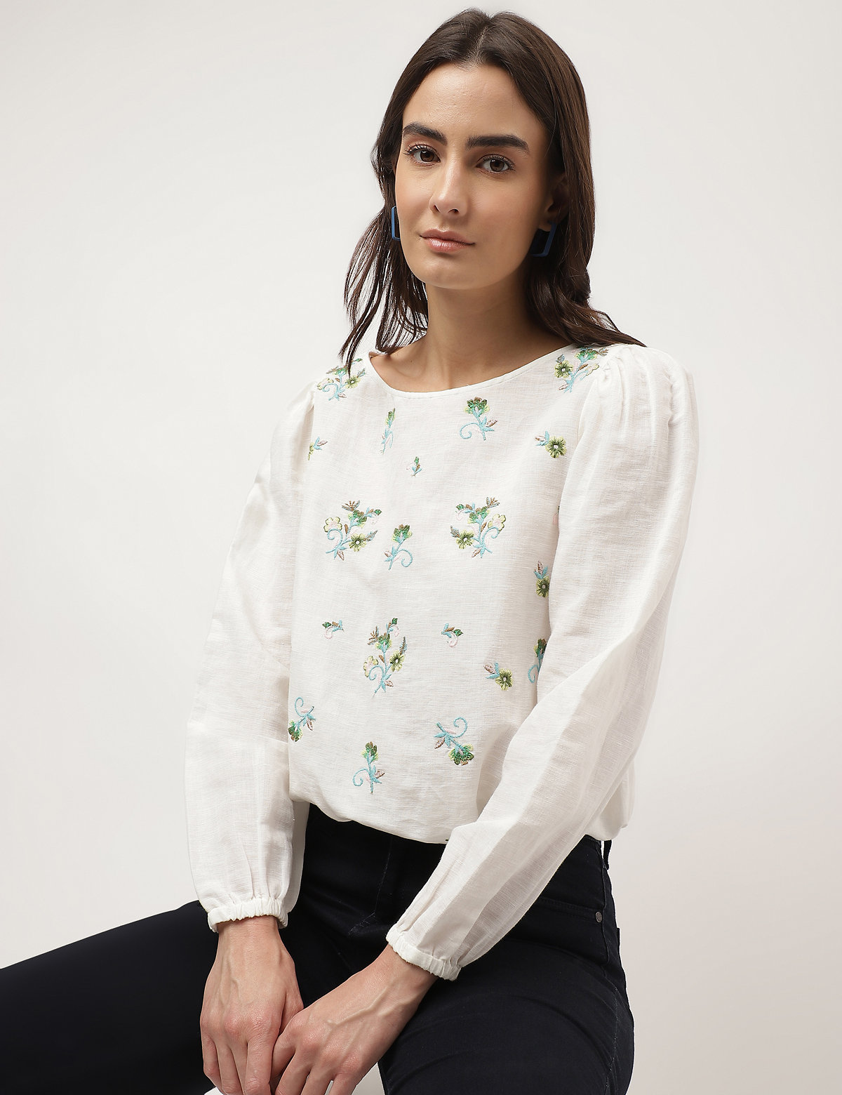 Flax Mix Embroidered Boat Neck Tops