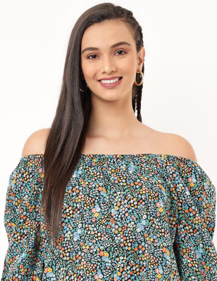 Pure Linen Floral Off Shoulder Top