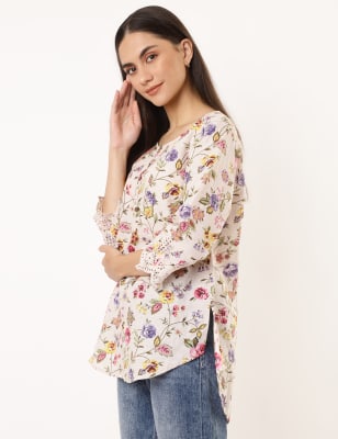 Cotton Mix Floral Print Round Neck Top