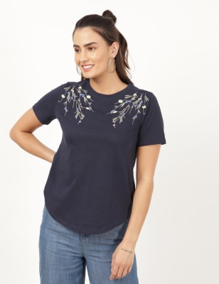 

Per Una Camiseta con escote cerrado y bordado 100% algodónWomens - Navy, Navy