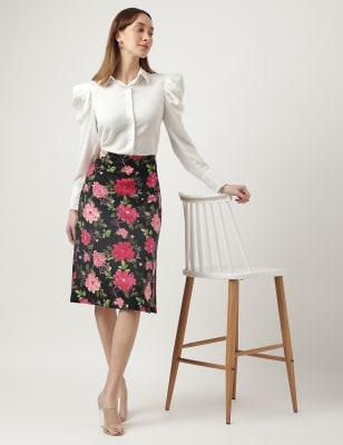 Linen Mix Floral Flared Fit Skirt