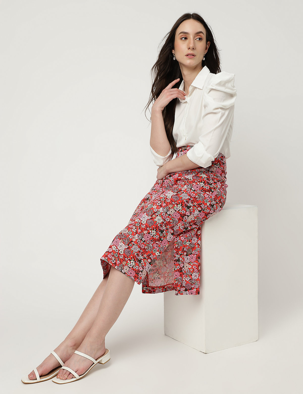 Linen Mix Floral Print Straight Fit Skirt