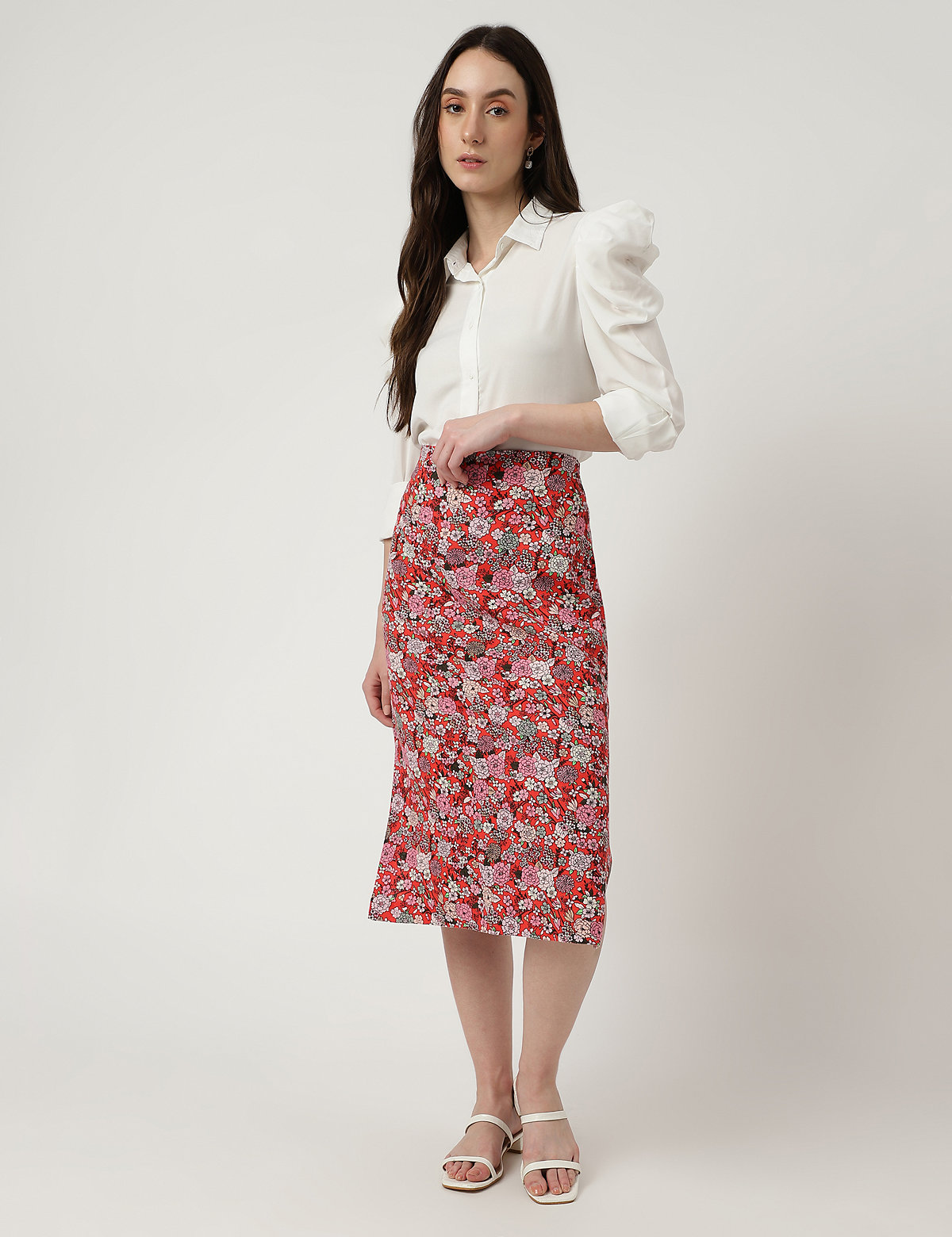 Linen Mix Floral Print Straight Fit Skirt