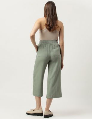 Linen Blend Solid Wide Cropped Pants