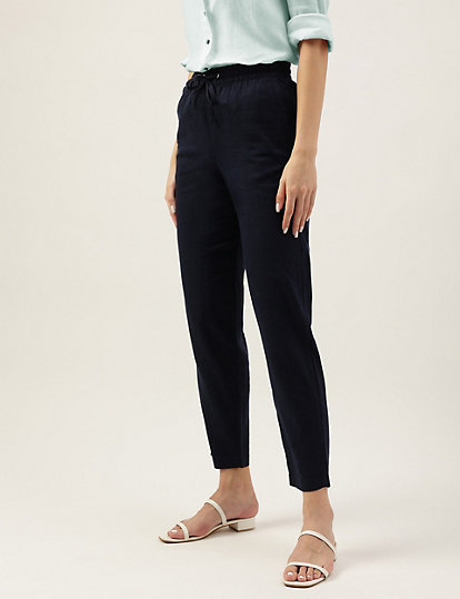 Linen Solid Coloured Ankle Length Trousers