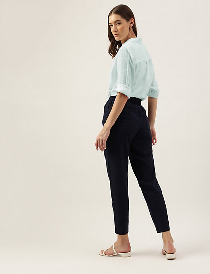 Linen Solid Coloured Ankle Length Trousers