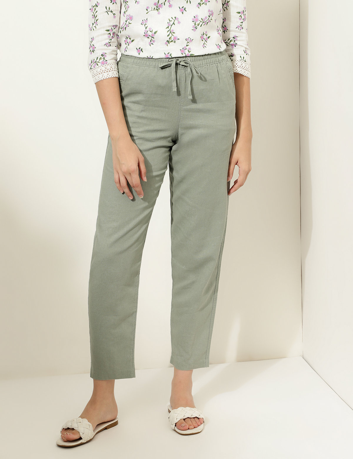 Flax Linen Mix Plain Tapered Fit Trousers