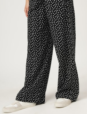 Linen Mix Polka Dot Wide Leg Trousers