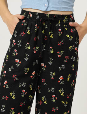 Linen Mix Floral Print Wide Leg Trousers