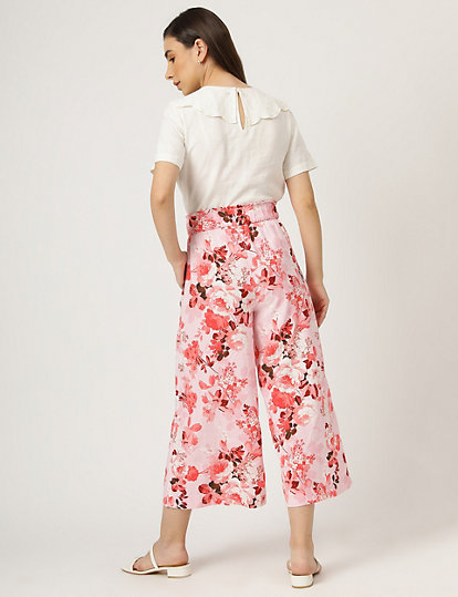 Linen Mix Floral Print Wide Leg Culottes