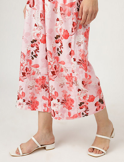 Linen Mix Floral Print Wide Leg Culottes