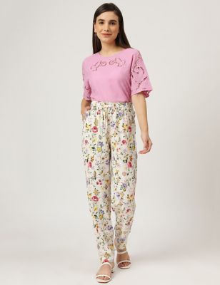 Linen Mix Floral Print Regular Fit Trousers
