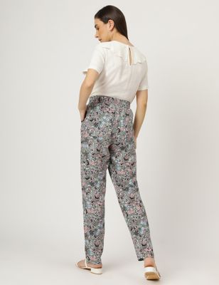 Linen Mix Floral Print Loose Fit Trousers